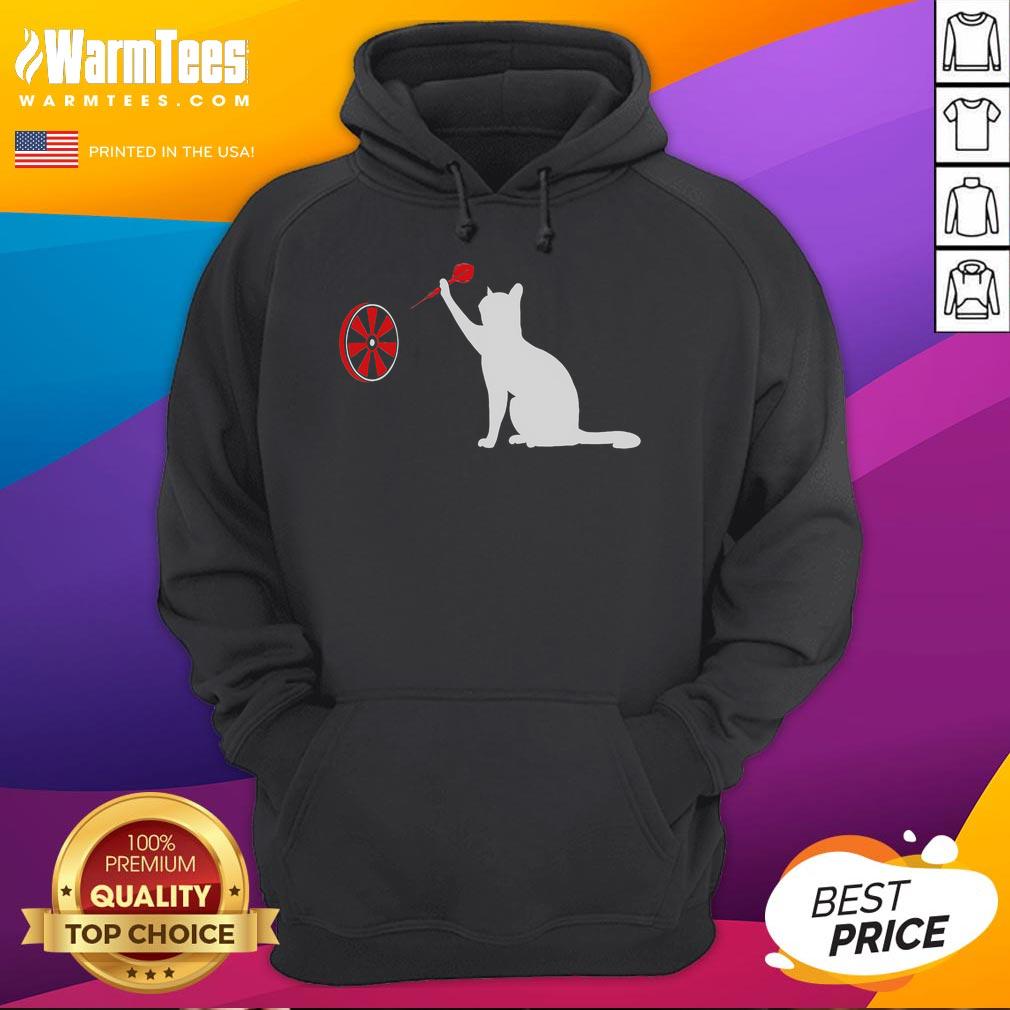 Funny darts cat hoodie featuring a playful cat throwing darts, perfect for cat lovers and dart enthusiasts.