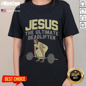 Funny Deadlift Jesus graphic on a Christian weightlifting gym tee for ladies, perfect for workout motivation and humor.