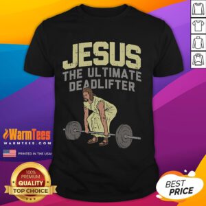 Funny Deadlift Jesus graphic on a Christian weightlifting gym t-shirt for fitness enthusiasts and believers.