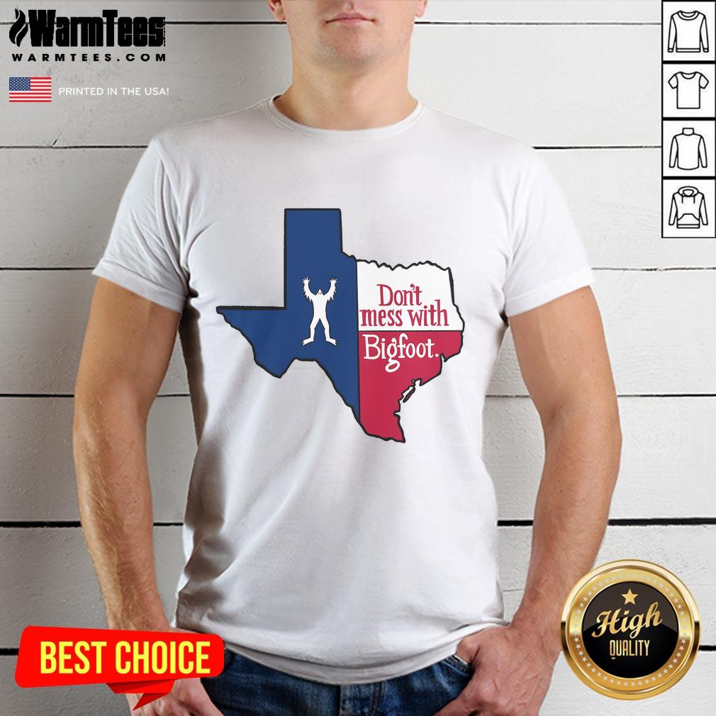 Funny Don't Mess With Bigfoot Texas Map T-Shirt featuring a playful Bigfoot graphic on a Texas map design.