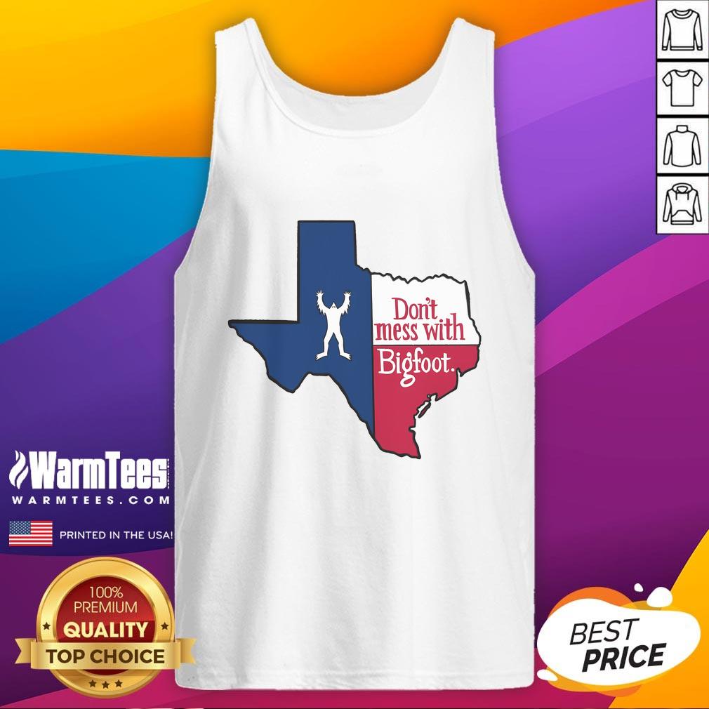 Funny 'Don't Mess With Bigfoot' Texas map tank top featuring a playful Bigfoot graphic and vibrant colors.