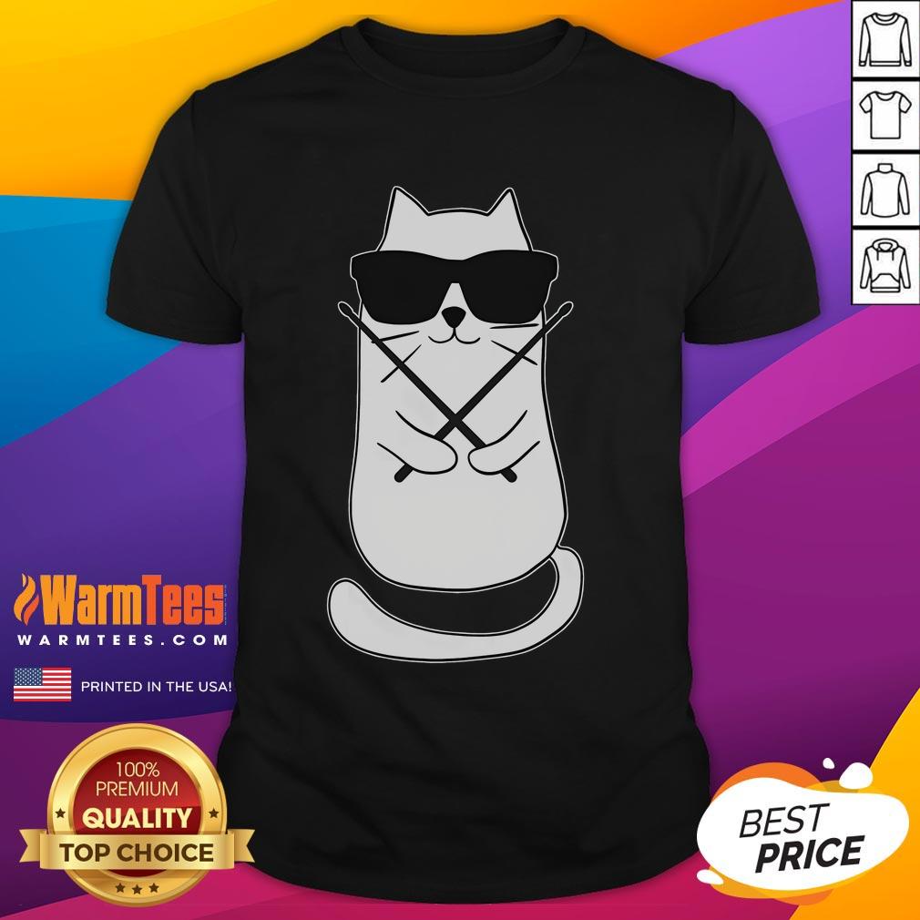 Funny drummer cat drumming on a t-shirt, perfect for drum lovers and drum players who appreciate quirky designs.