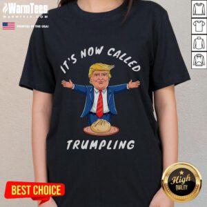 Funny dumpling graphic tee featuring a cartoon Donald Trump, humorously dubbed 'Trumpling' for ladies.