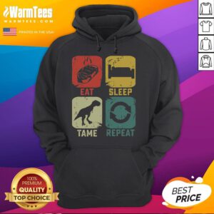 Alt Text: Funny Eat Sleep Tame Repeat Dinosaur Gaming Gamer Hoodie design featuring a playful dino graphic for gaming enthusiasts.