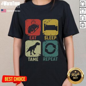 Funny Eat Sleep Tame Repeat Dinosaur Gaming Tee for ladies, perfect for gamers who love dinosaurs and humor.