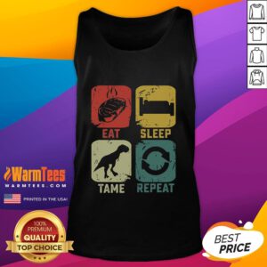 Funny eat, sleep, tame, repeat dinosaur gaming tank top featuring a playful dino graphic for gamers.