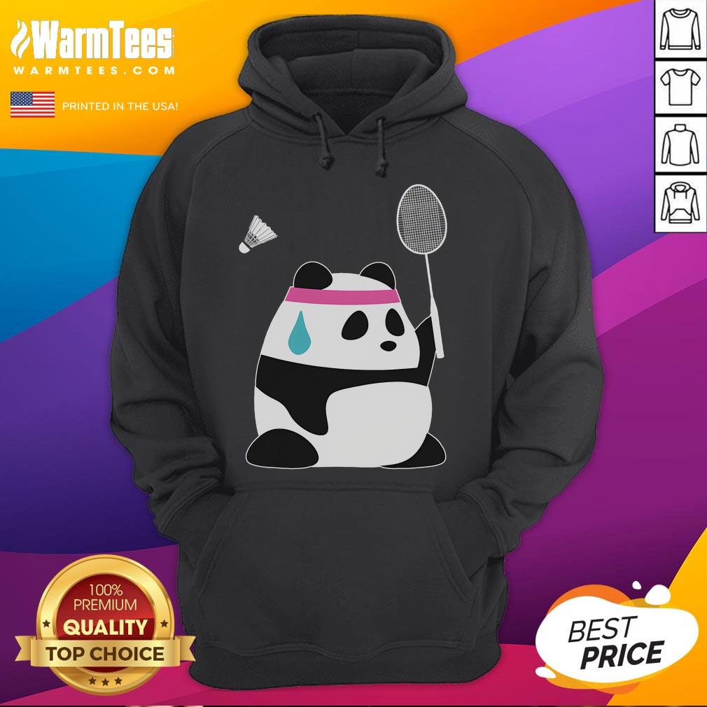 Funny exhausted panda in a badminton hoodie, holding a shuttlecock, perfect for sports lovers and panda fans.