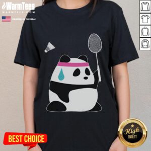 Alt Text: Funny exhausted panda holding a shuttlecock on a ladies' tee, perfect for badminton lovers and humor enthusiasts.