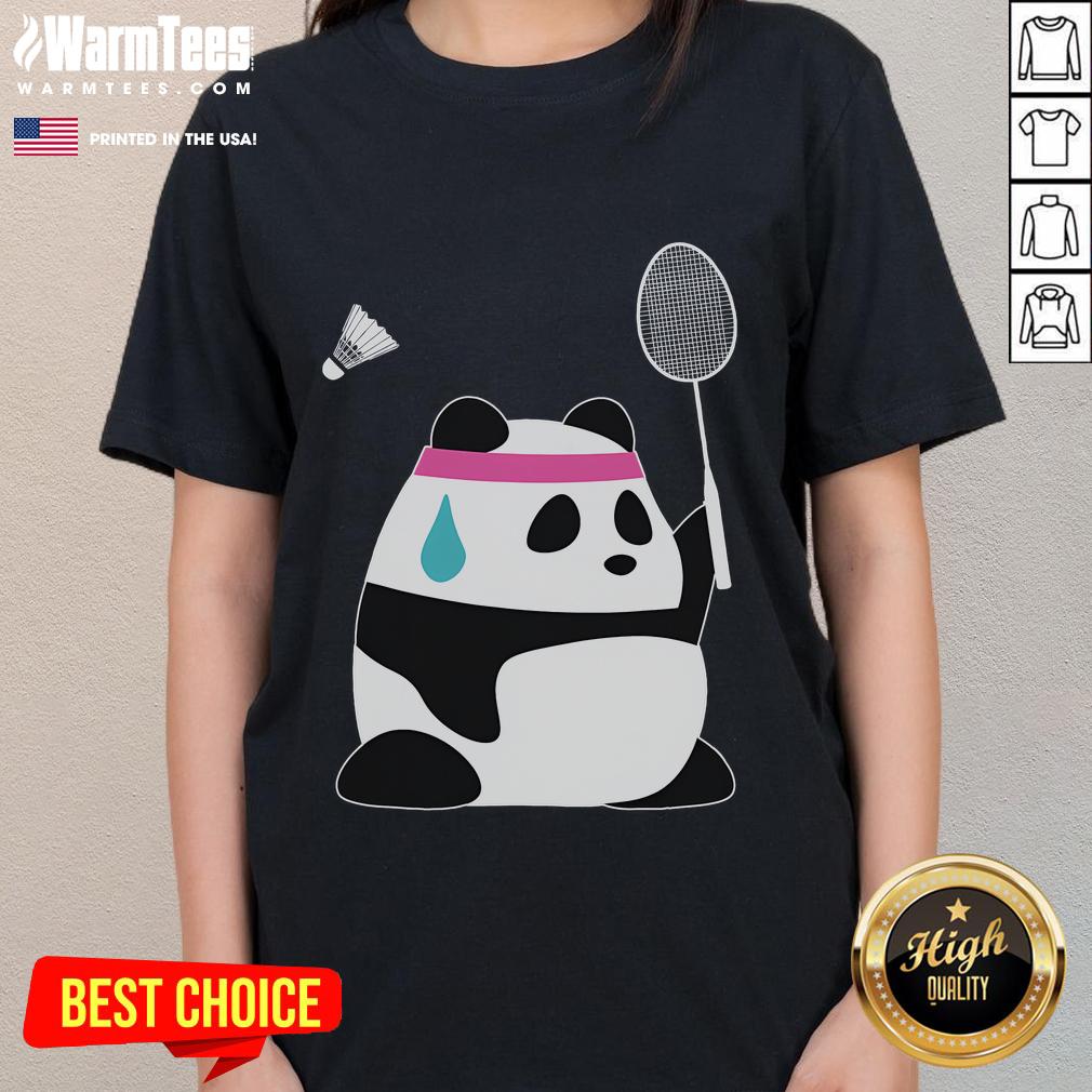 Alt Text: Funny exhausted panda holding a shuttlecock on a ladies' tee, perfect for badminton lovers and humor enthusiasts.