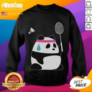 Funny exhausted panda in a sweatshirt, holding a shuttlecock, perfect for badminton lovers and humor enthusiasts.