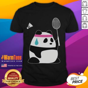 Alt Text: Funny exhausted panda holding a shuttlecock on a badminton-themed T-shirt, perfect for animal lovers and sports enthusiasts.