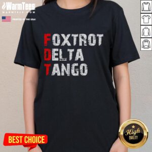 Alt Text: Funny Foxtrots Delta Tangos Ladies Tee featuring a playful dance graphic, perfect for dance enthusiasts.