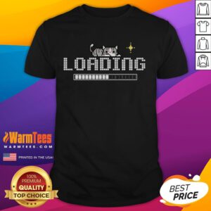 Funny loading screen gamer cat in retro 8-bit pixel art on a stylish t-shirt design for gaming enthusiasts.