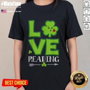 Funny love shamrock design on a reading teacher's tee for St. Patrick's Day, perfect for festive celebrations.