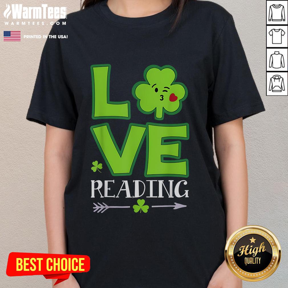 Funny love shamrock design on a reading teacher's tee for St. Patrick's Day, perfect for festive celebrations.
