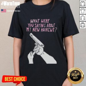Funny Matt Gray tee depicting humor about a new haircut, perfect for ladies who love quirky fashion and laughs.