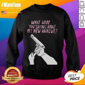 Alt Text: Matt Gray wearing a funny sweatshirt that humorously comments on his new haircut, showcasing a lighthearted style.