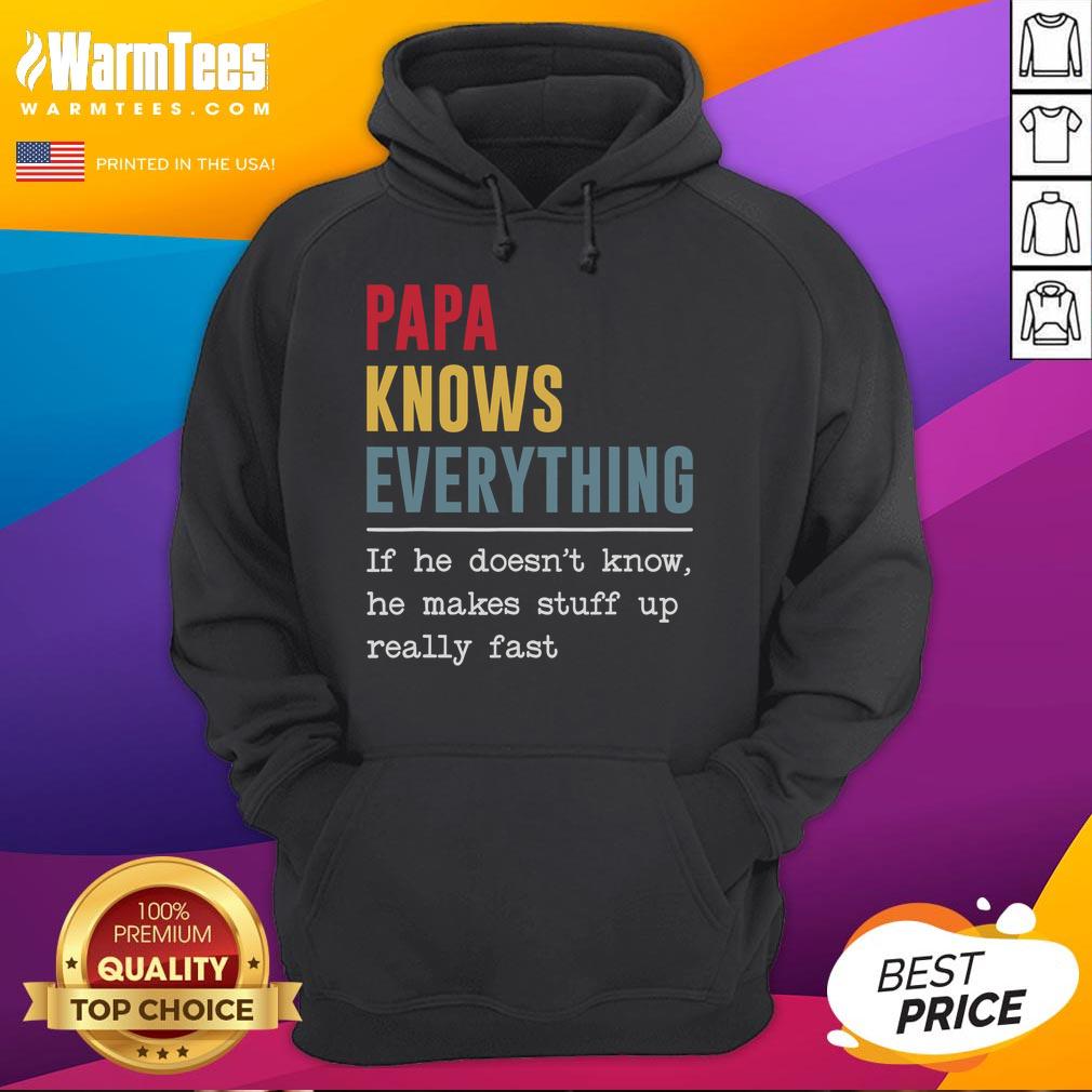 Alt Text: Funny hoodie featuring Papa Knows Everything slogan, perfect for dads who love humor and creativity in their style.