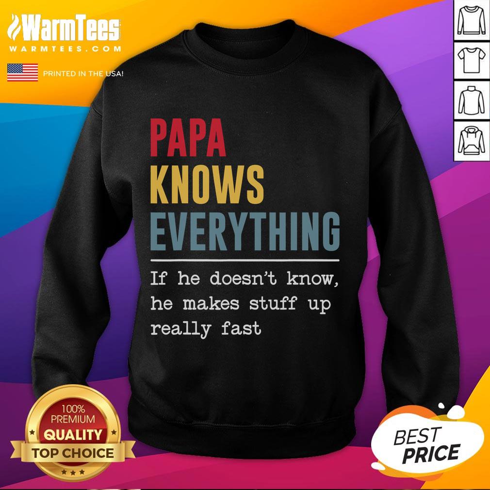 Alt Text: Funny Papa Knows Everything sweatshirt featuring humorous text for dads who make things up quickly.