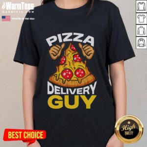 Funny pizza delivery guy wearing a quirky outfit, showcasing the 'Funny Pizza Delivery Guy Driver' tee with a cheerful smile.