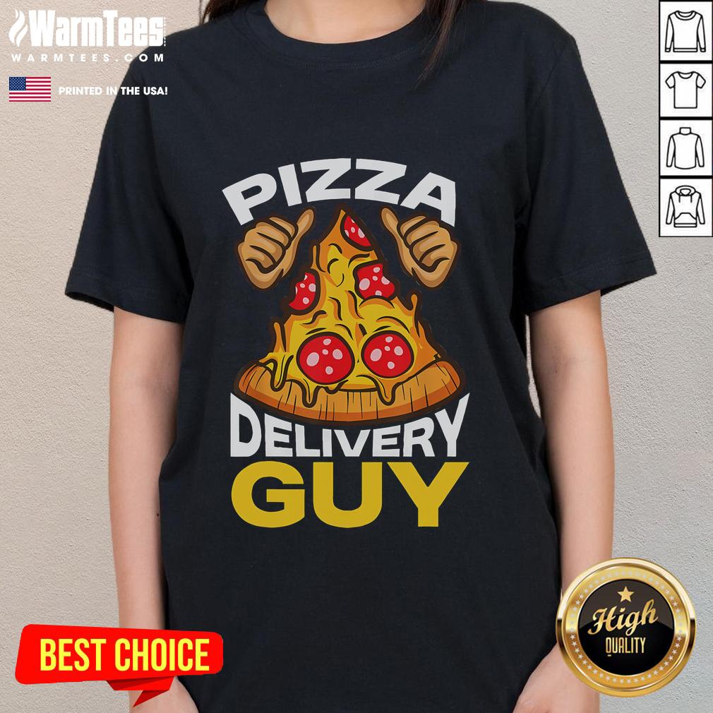 Funny pizza delivery guy wearing a quirky outfit, showcasing the 'Funny Pizza Delivery Guy Driver' tee with a cheerful smile.