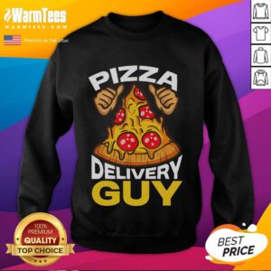 Funny pizza delivery guy wearing a sweatshirt, showcasing humor and style in pizza-themed apparel.