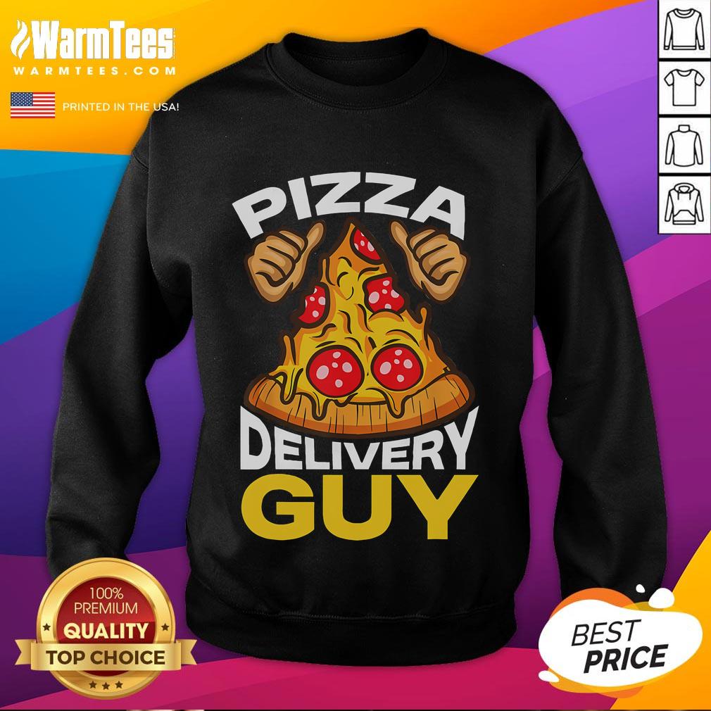 Funny pizza delivery guy wearing a sweatshirt, showcasing humor and style in pizza-themed apparel.
