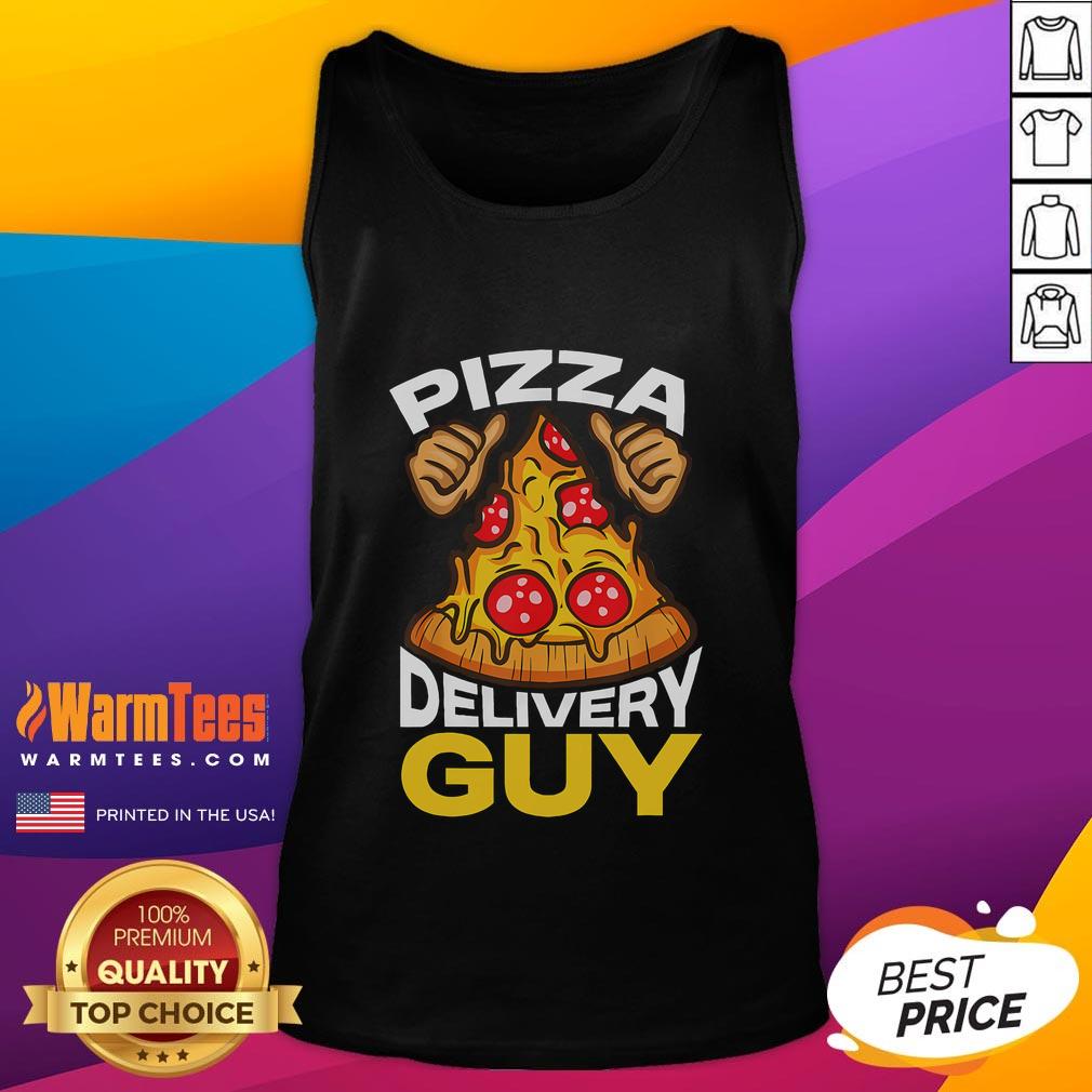 Funny pizza delivery guy in a tank top, smiling while holding a pizza box, showcasing the joy of pizza delivery.