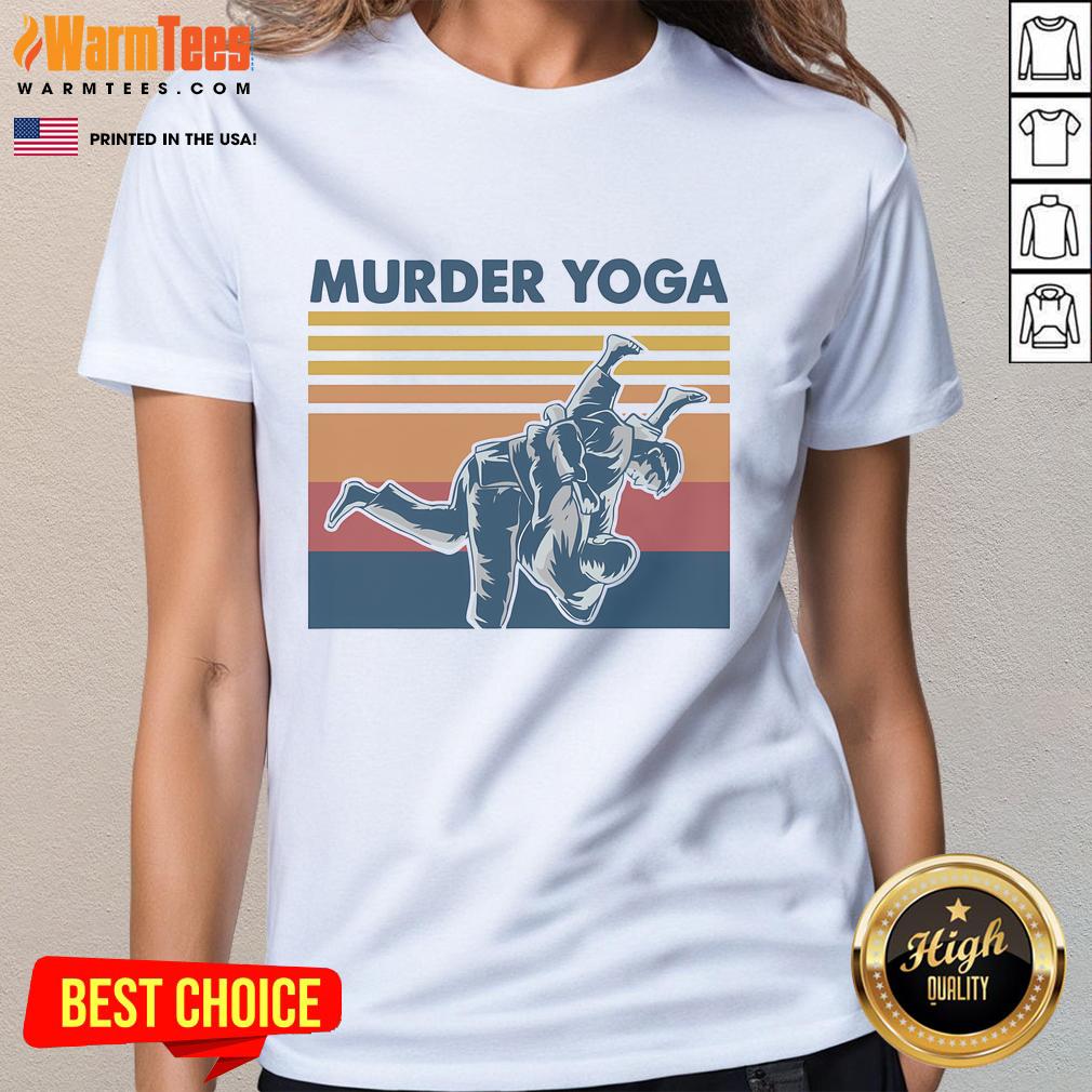 Funny retro Jiu Jitsu murder yoga graphic on a vintage ladies tee, perfect for martial arts enthusiasts and yoga lovers.