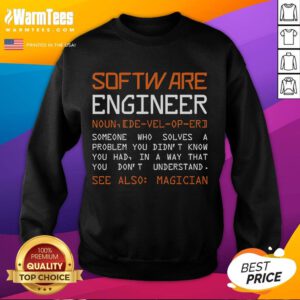 Funny software engineer defined sweatshirt featuring humorous programming terms and graphics for tech enthusiasts.