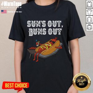 Funny 'Suns Out Hot Dog Buns Out' BBQ tee for food lovers featuring a playful design perfect for summer cookouts.