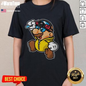 Funny Super Mario Bad Jump Ladies Tee showcasing a playful graphic of Mario in a comedic jumping pose.