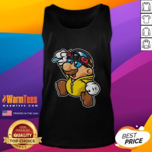 Funny Super Mario Bad Jump Tank Top featuring a colorful graphic of Mario in a comical jumping pose.