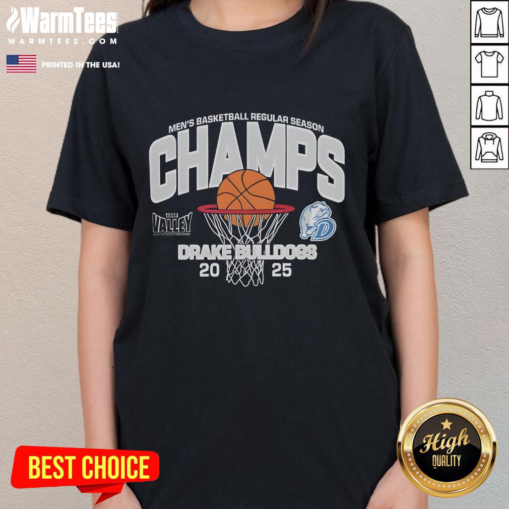 Drake Bulldogs 2025 MVC Men's Basketball Champions ladies tee in festive colors celebrating the team's victory.