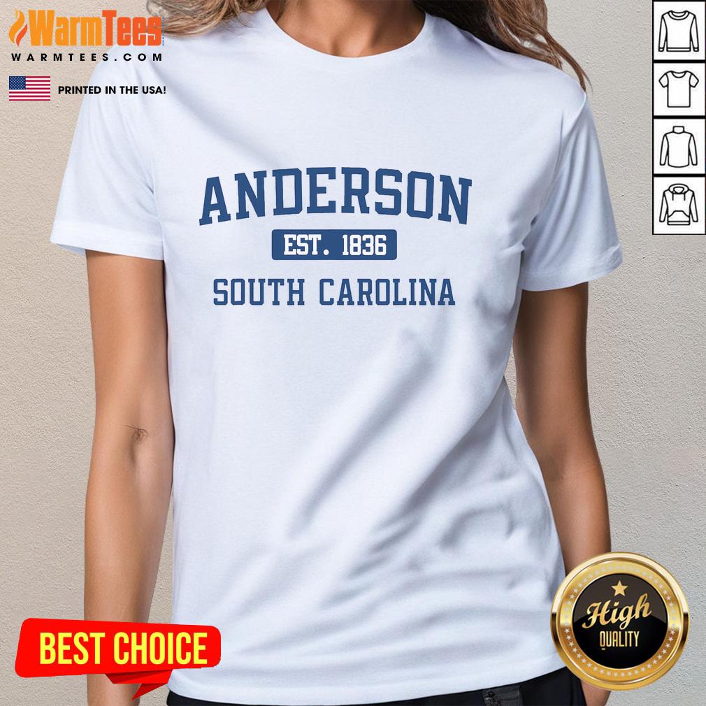 Good Anderson South Carolina classic varsity style block letter ladies tee in vibrant colors, perfect for casual wear.