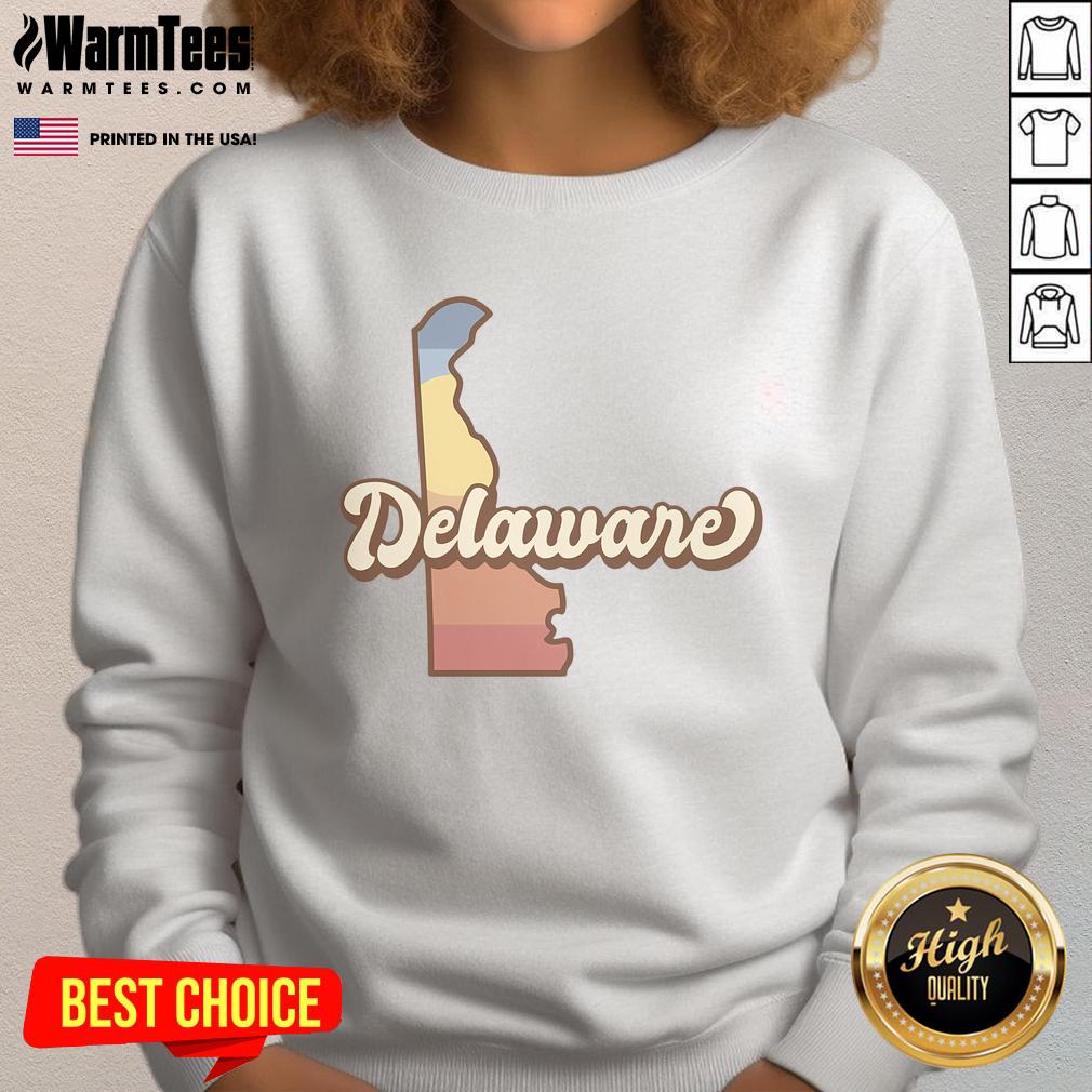 Good Delaware Retro Sunset Sweatshirt featuring a vibrant sunset design, perfect for cozy casual wear and Delaware pride.