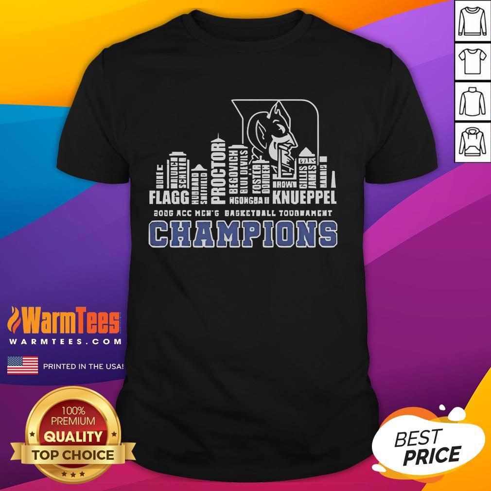 Alt Text: Good Duke 2025 ACC Men's Basketball Tournament Champions Skyline T-Shirt showcasing team pride and victory style.