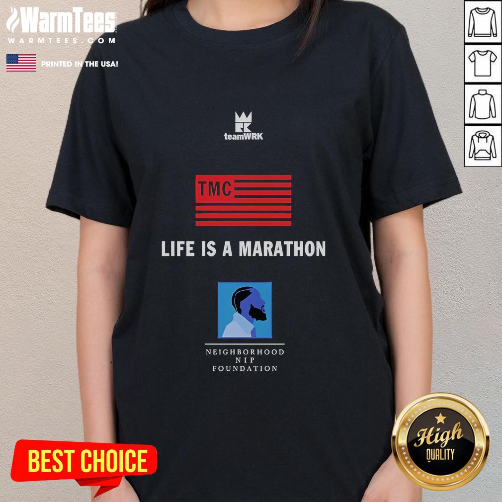 Good Life Is A Marathon Neighborhood Nip Foundation Ladies Tee in vibrant colors, perfect for casual wear and community events.