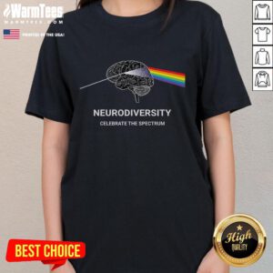 Good Neurodiversity Autism Spectrum ADHD rainbow brain design on a ladies tee shirt for celebrating diversity.