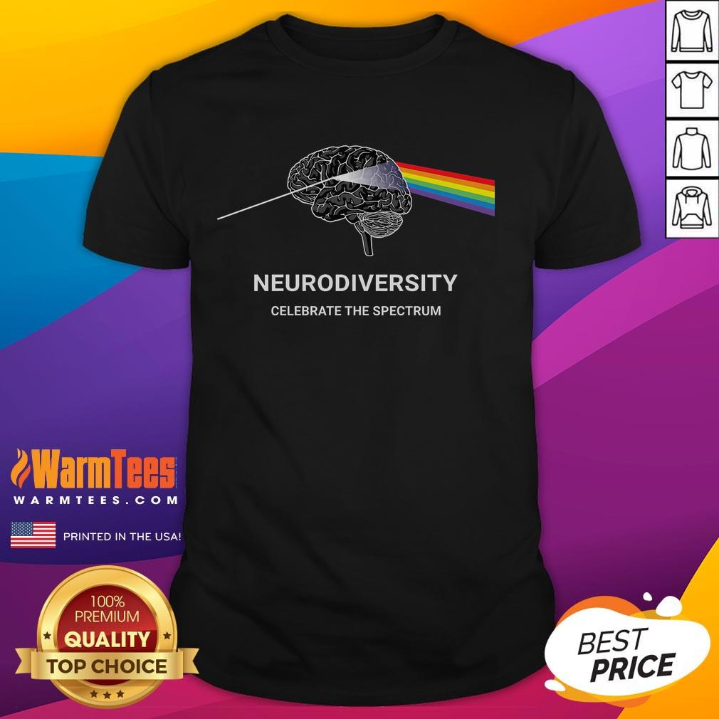 Colorful rainbow brain graphic on a t-shirt promoting neurodiversity and autism spectrum awareness, featuring ASD and ADHD themes.