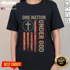 Good One Nation Under God Flag 4th of July Patriotic Christian Ladies Tee showcasing vibrant red, white, and blue design.