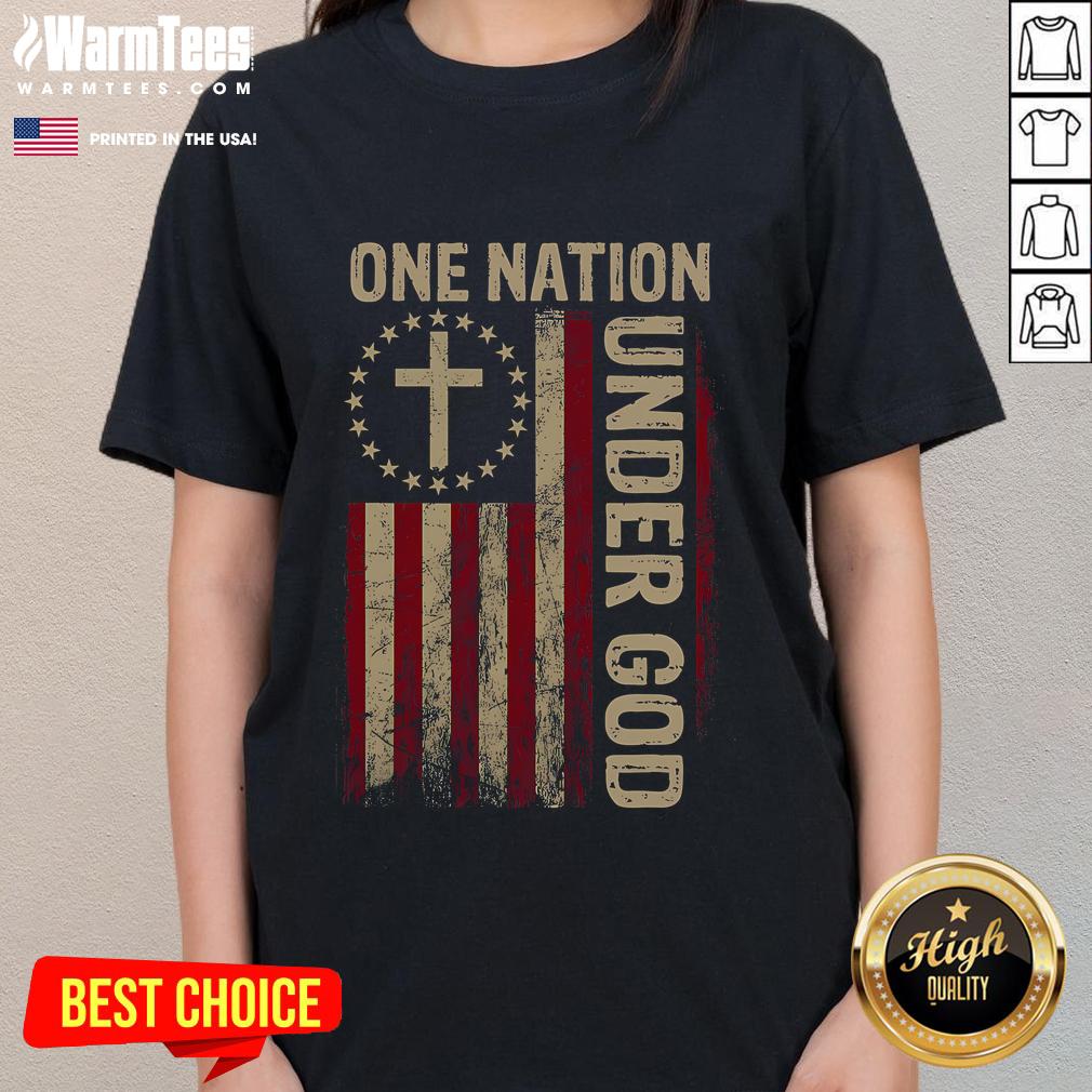 Good One Nation Under God Flag 4th of July Patriotic Christian Ladies Tee showcasing vibrant red, white, and blue design.