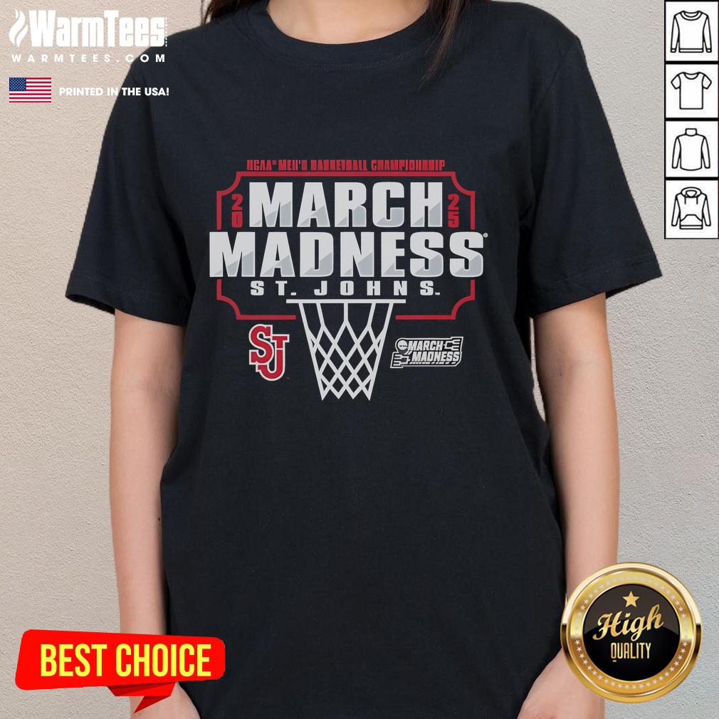 Alt Text: Good St. John's Red Storm March Madness 2025 men's basketball championship ladies tee featuring team logo and vibrant design.