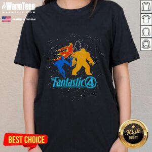 Good The Fantastic Four First Steps team logo on a ladies tee, showcasing vibrant design and superhero theme.