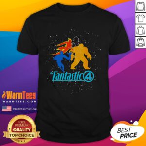 Good The Fantastic Four First Steps Team and Logo T-Shirt featuring vibrant designs of the superhero team and logo.
