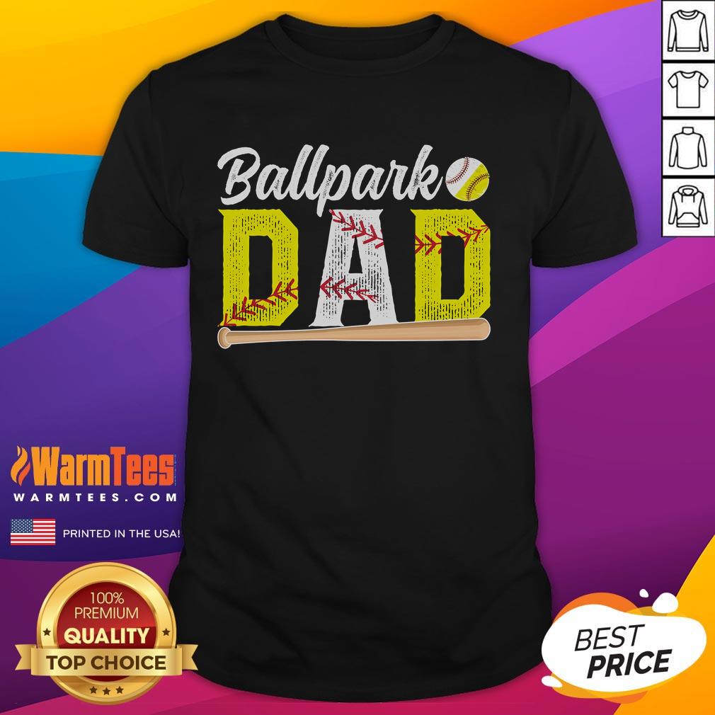 Happy Ballpark Dad wearing a Baseball Softball Dad Of Ballers T-Shirt, showcasing pride in his kids' sports achievements.