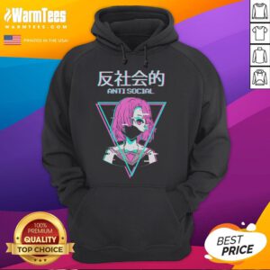 Alt Text: Hot antisocial vaporwave anime girl wearing a Japanese hoodie, showcasing vibrant colors and trendy streetwear style.