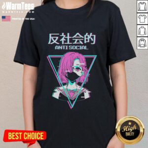 Hot antisocial vaporwave anime girl graphic on Japanese ladies tee, featuring vibrant colors and trendy aesthetics.