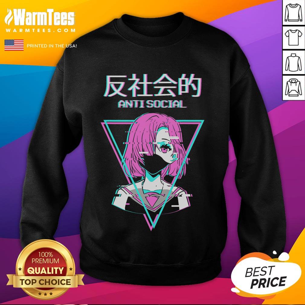 Hot antisocial vaporwave anime girl in a stylish Japanese sweatshirt, showcasing vibrant colors and trendy streetwear.