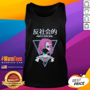 Alt Text: Hot antisocial vaporwave anime girl wearing a Japanese tank top, showcasing vibrant colors and a unique aesthetic.